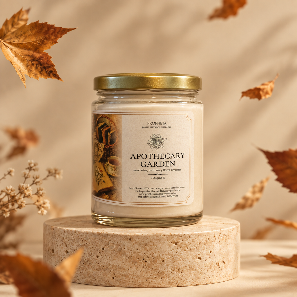 vela aromática apothecary garden con hojas de otoño cayendo y flores blancas
