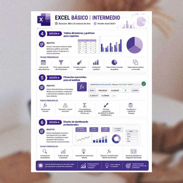 itinerario curso de Excel para emprendedores nivel básico intermedio, sesiones 4 al 6, colores blanco y morado con imagen de escritorio de fondo