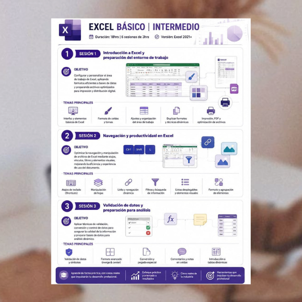 itinerario curso de Excel, sesiones 1 al 3, colores blanco y morado con imagen de escritorio de fondo