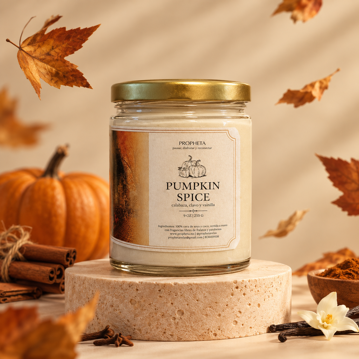 vela aromática pumpkin spice con una calabaza y canela de fondo y hojas otoñales cayendo